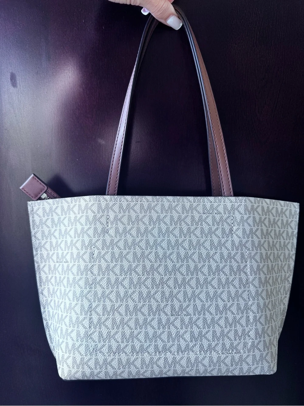 Michael Kors Cream/Light Gray Monogram Tote with Brown Handles